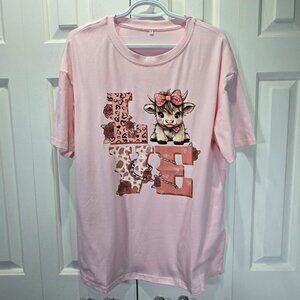 New Pink Love Cow Print Casual Oversized T-Shirt – Size Small
